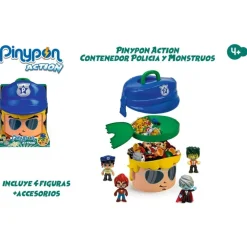 PINYPON ACTION Muñecos Articulados*Contenedor Cabezon Policia Y Monstruos