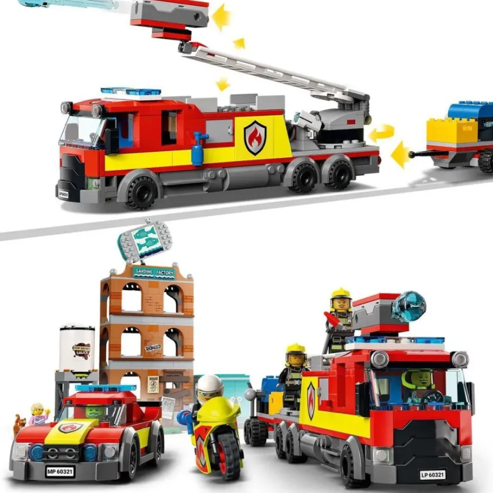 LEGO Puzzles Y Construcciones*Cuerpo De Bomberos, Set De Construccion De Edificio Con Llamas Plegables, Camion De Juguete Y Mini Figuras, City Fire