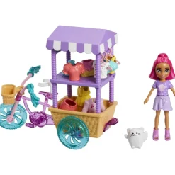 Polly Pocket Munecas Y Peluches* Carrito Con Bicicleta Dulces Sorpresas Muneca Con Ropa Y +25 Accesorios
