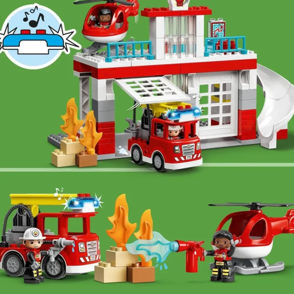 LEGO Puzzles Y Construcciones*Set De Construccion Parque De Bomberos Y Helicoptero Con Camion De Juguete Duplo
